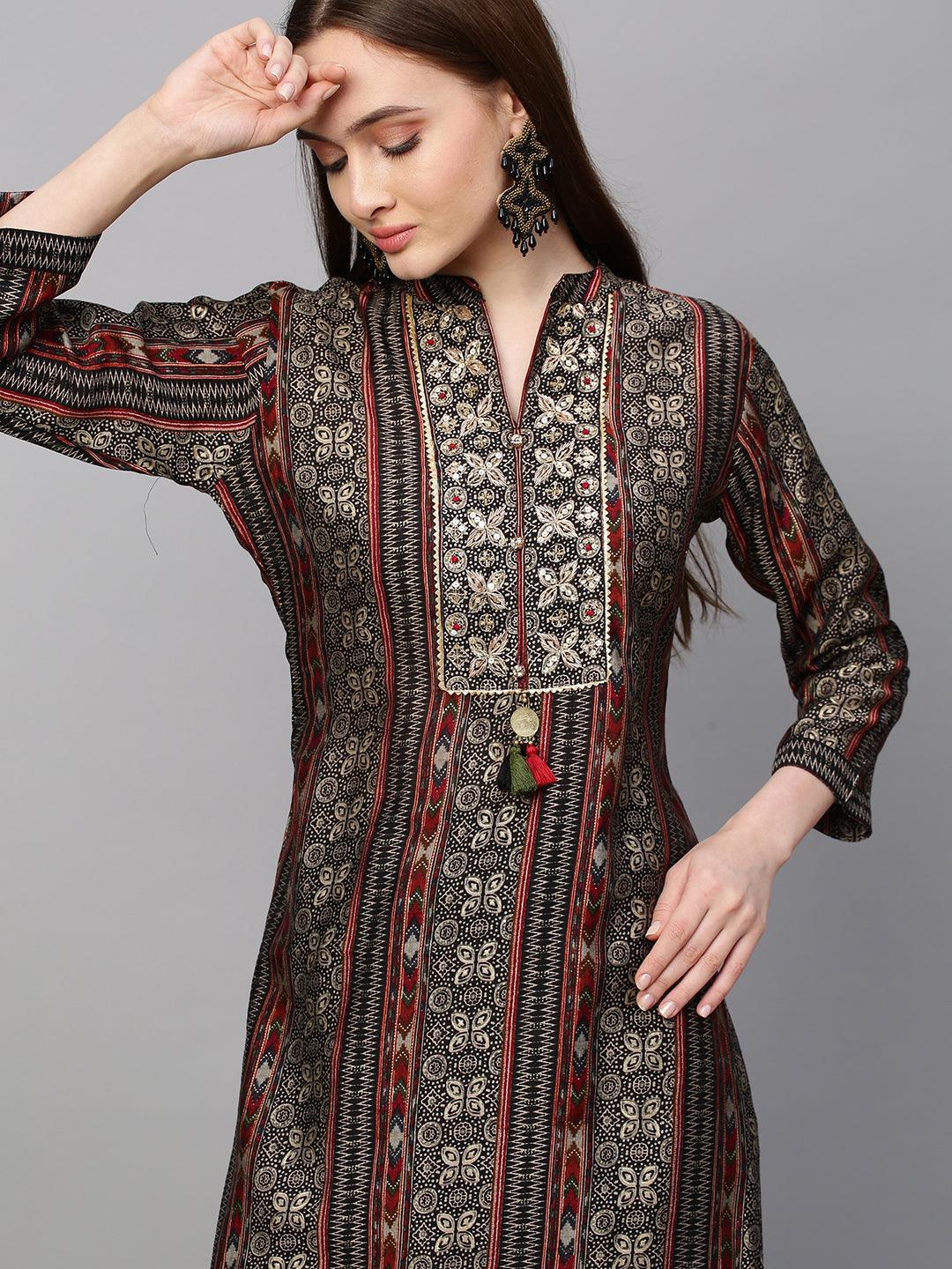 Ethnic Printed & Hand Embroidered Kurta & Palazzo with Dupatta - Black - Indiakreations