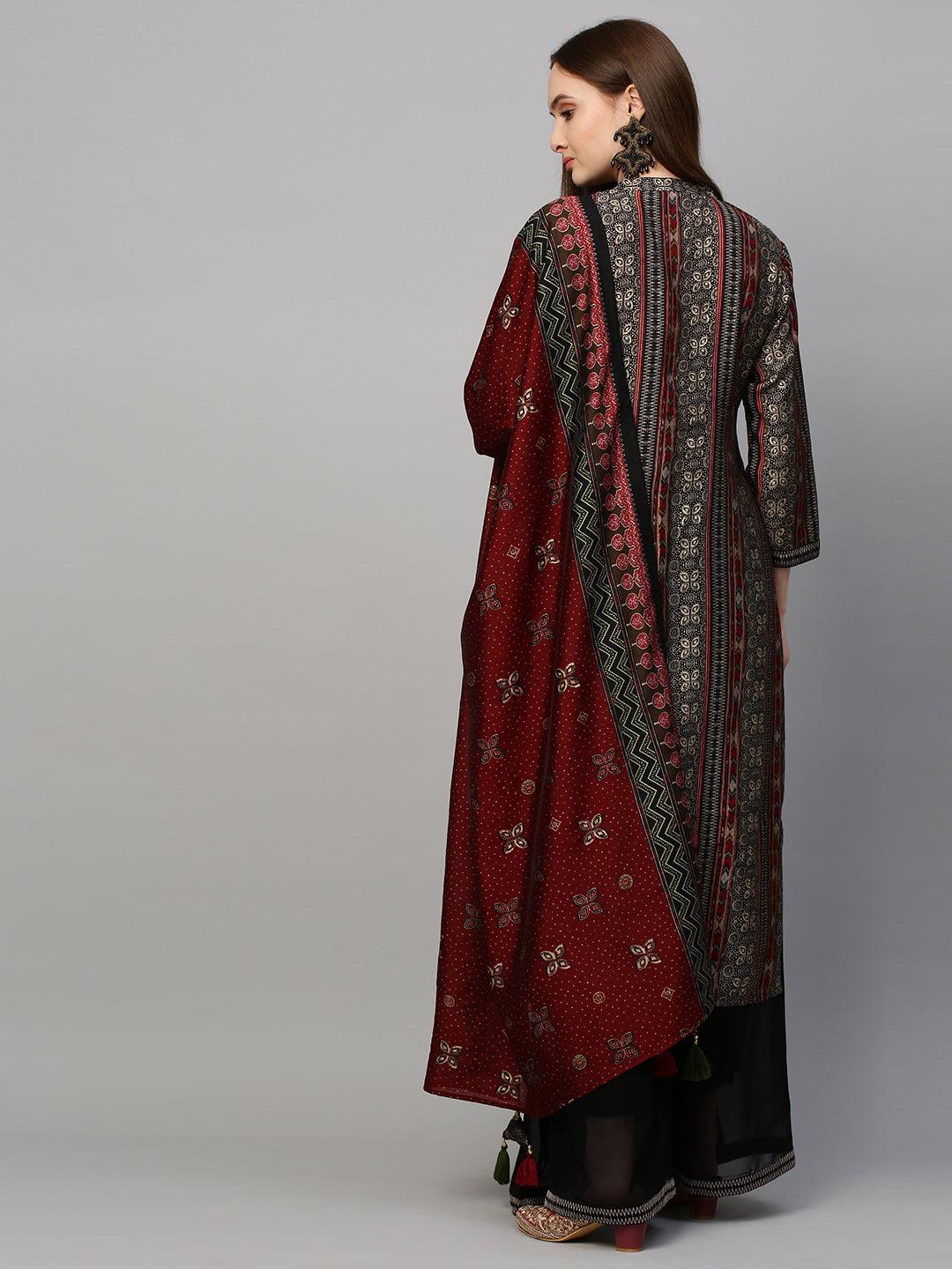 Ethnic Printed & Hand Embroidered Kurta & Palazzo with Dupatta - Black - Indiakreations