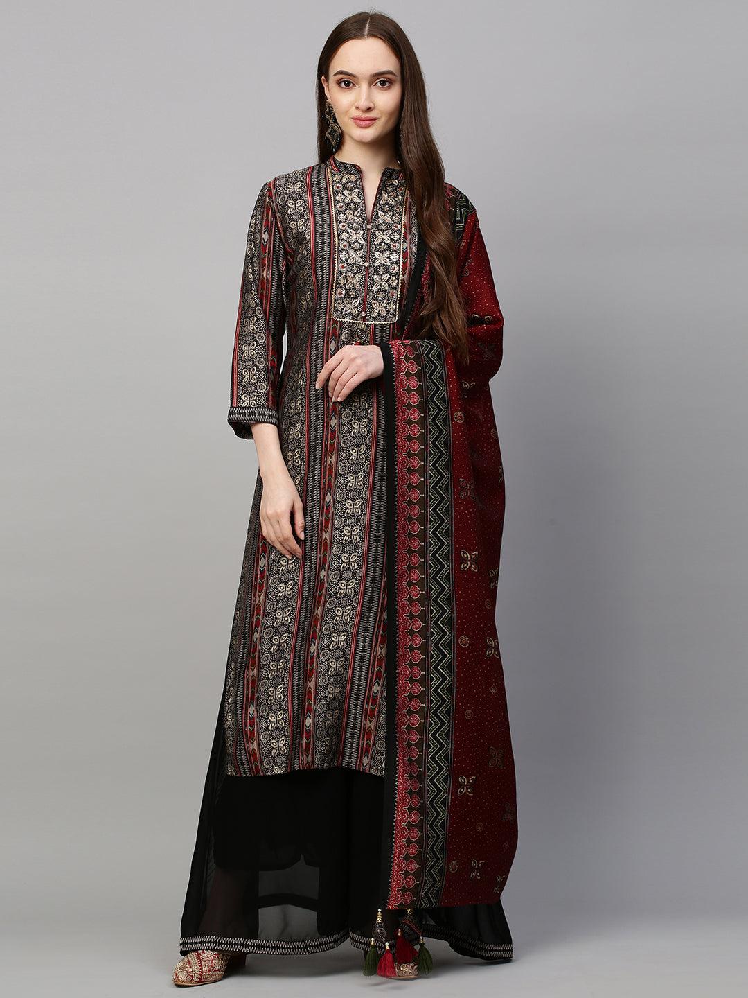 Ethnic Printed & Hand Embroidered Kurta & Palazzo with Dupatta - Black - Indiakreations