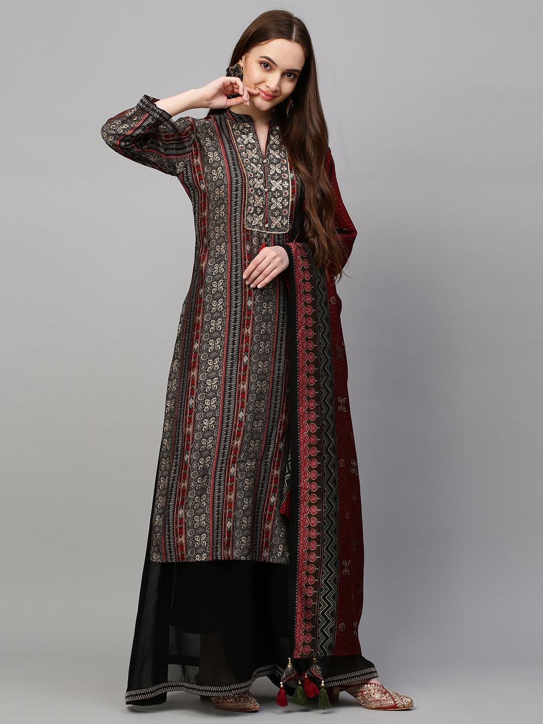 Ethnic Printed & Hand Embroidered Kurta & Palazzo with Dupatta - Black - Indiakreations