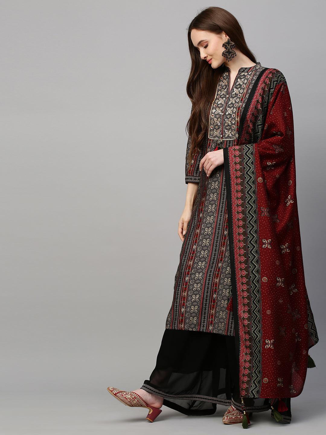 Ethnic Printed & Hand Embroidered Kurta & Palazzo with Dupatta - Black - Indiakreations