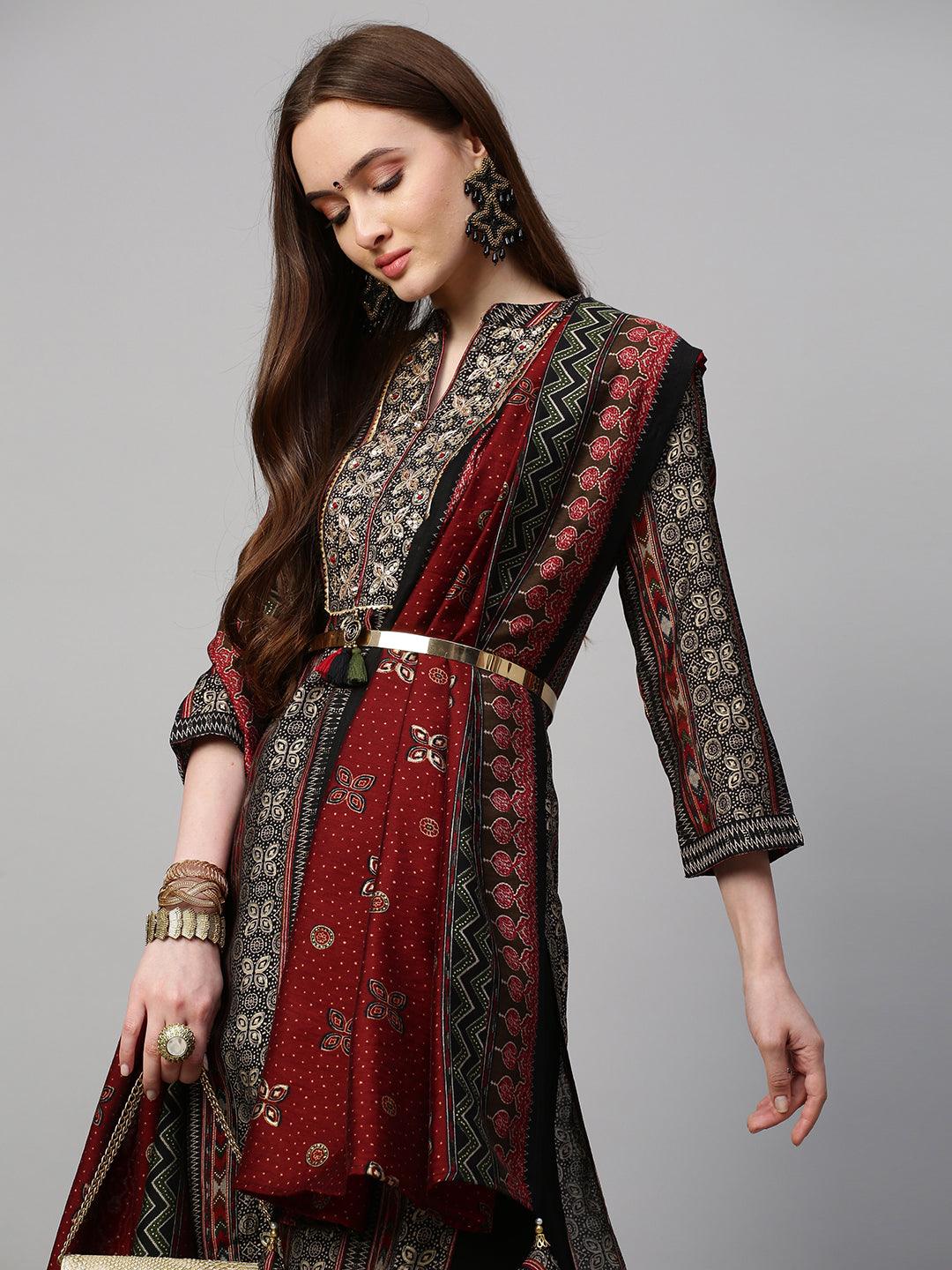 Ethnic Printed & Hand Embroidered Kurta & Palazzo with Dupatta - Black - Indiakreations