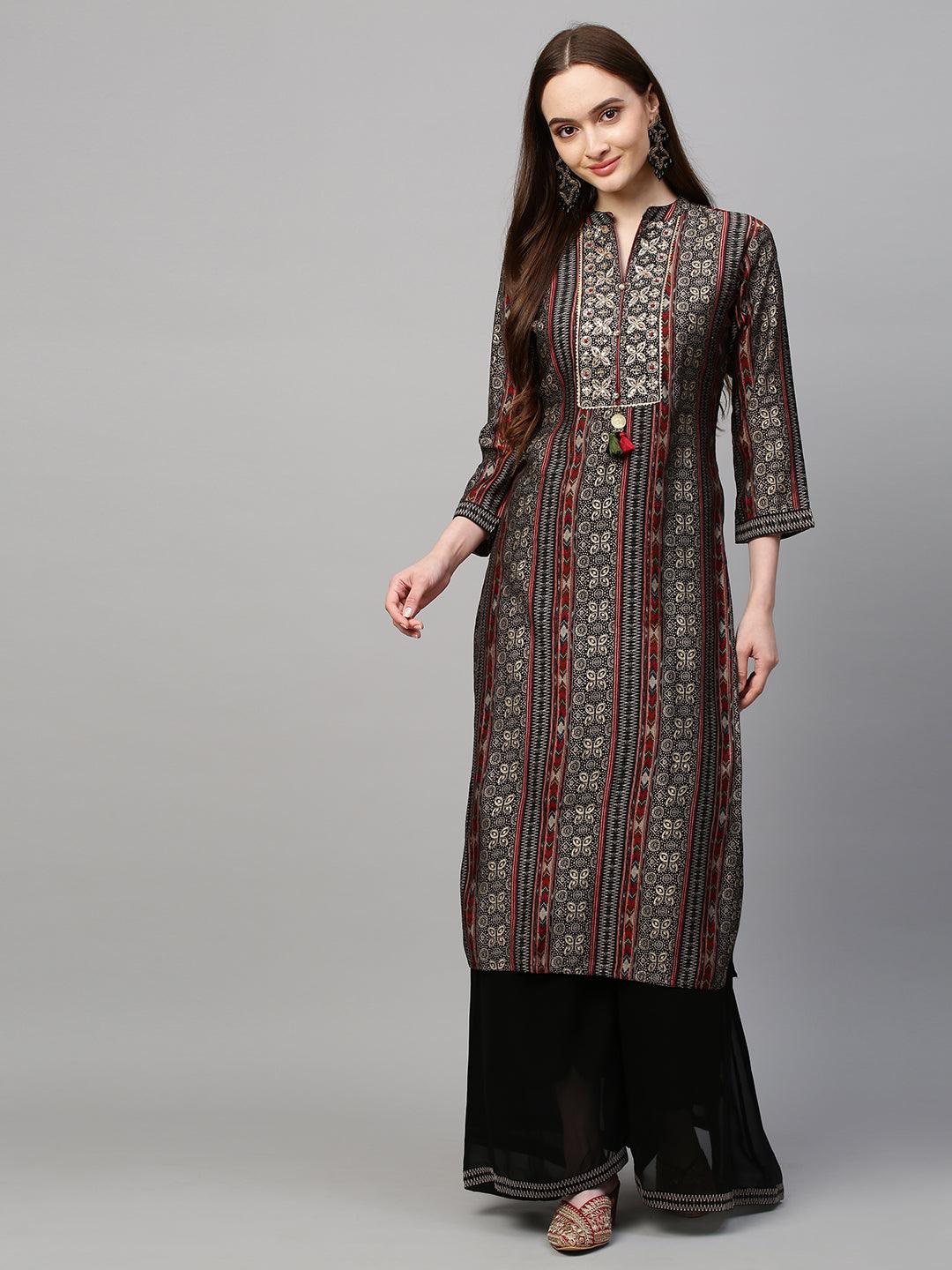 Ethnic Printed & Hand Embroidered Kurta & Palazzo with Dupatta - Black - Indiakreations