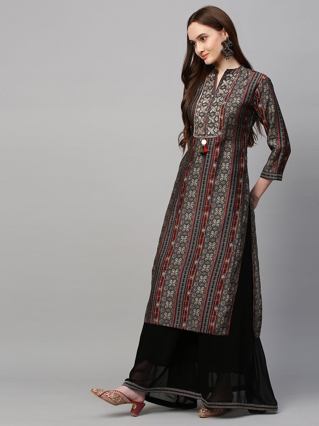 Ethnic Printed & Hand Embroidered Kurta & Palazzo with Dupatta - Black - Indiakreations