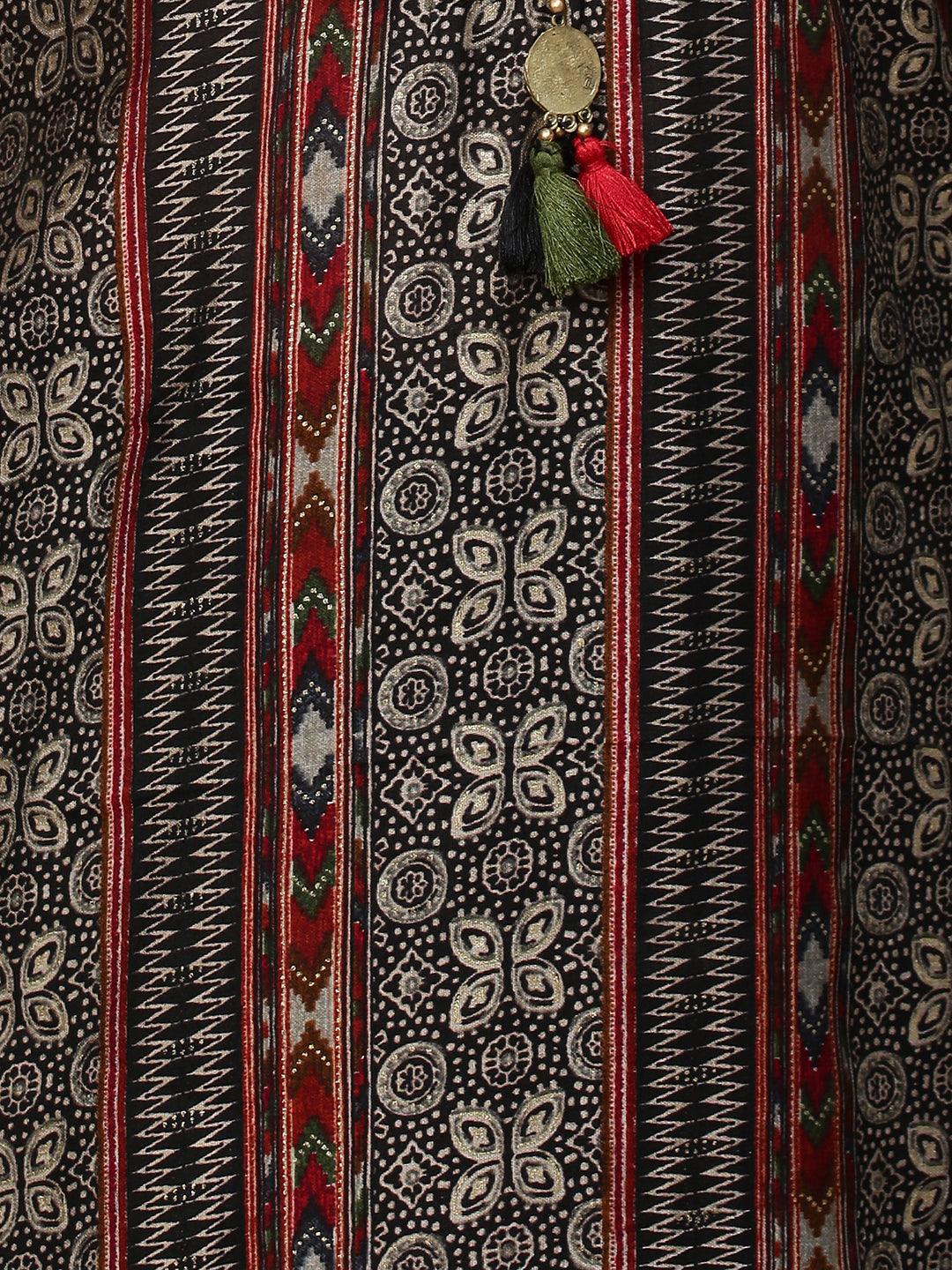 Ethnic Printed & Hand Embroidered Kurta & Palazzo with Dupatta - Black - Indiakreations