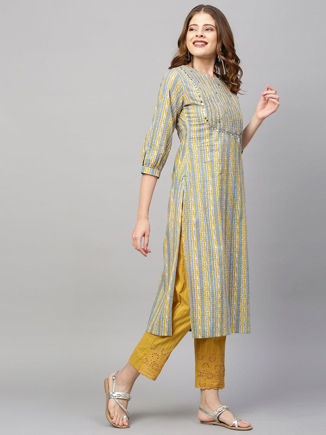 Stripes Printed Straight Kurta with Pants - Pigeon Blue - Indiakreations