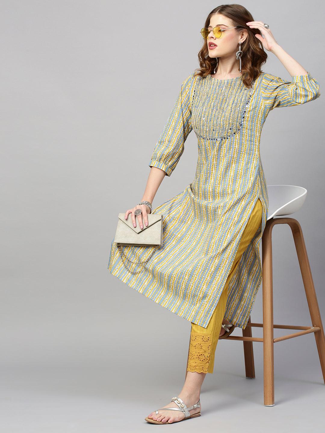 Stripes Printed Straight Kurta with Pants - Pigeon Blue - Indiakreations