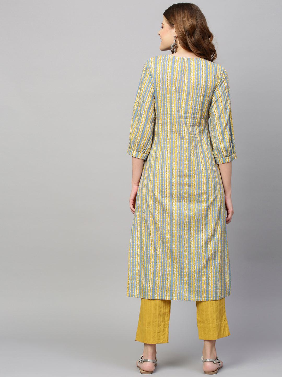 Stripes Printed Straight Kurta with Pants - Pigeon Blue - Indiakreations