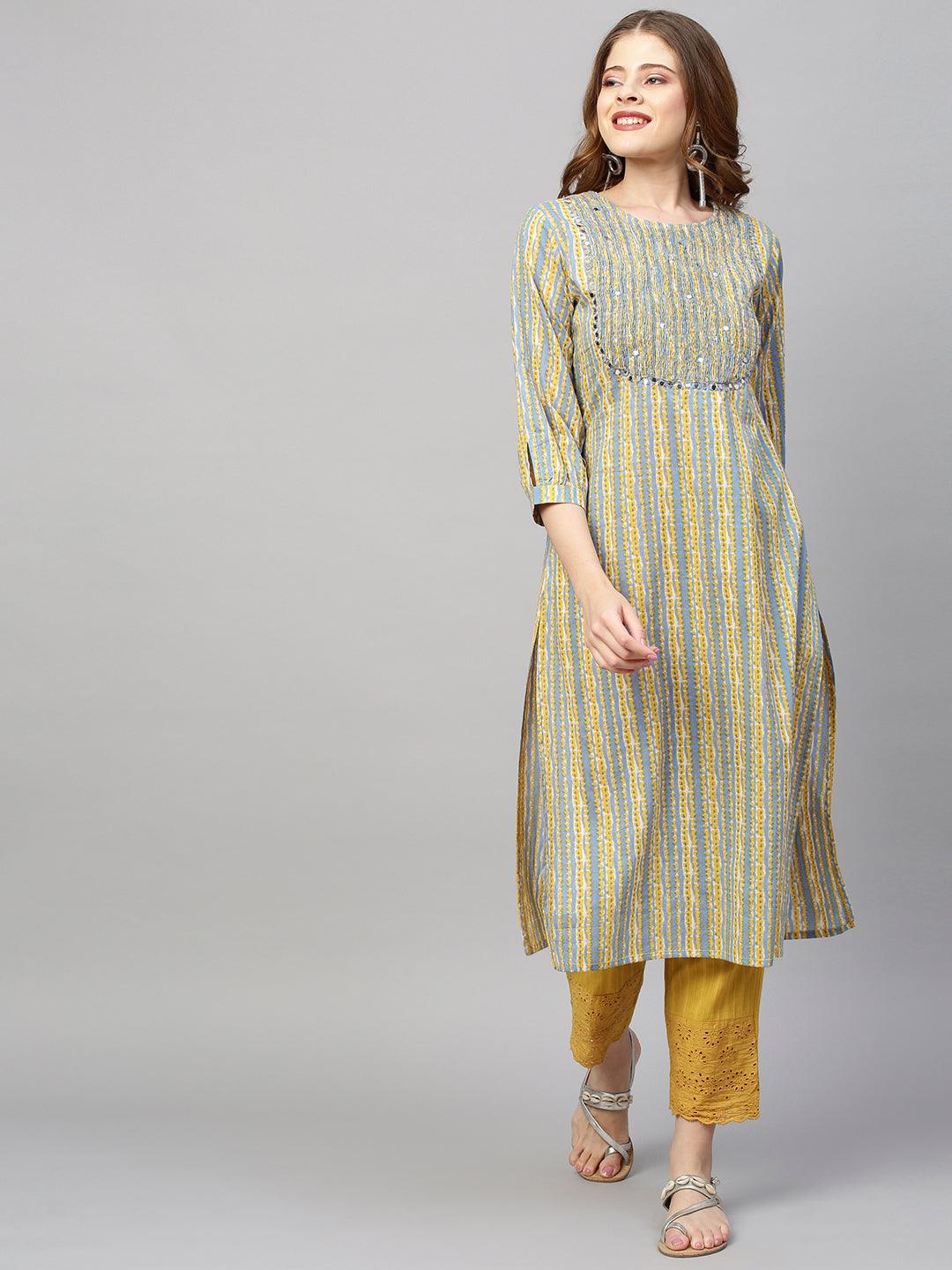 Stripes Printed Straight Kurta with Pants - Pigeon Blue - Indiakreations