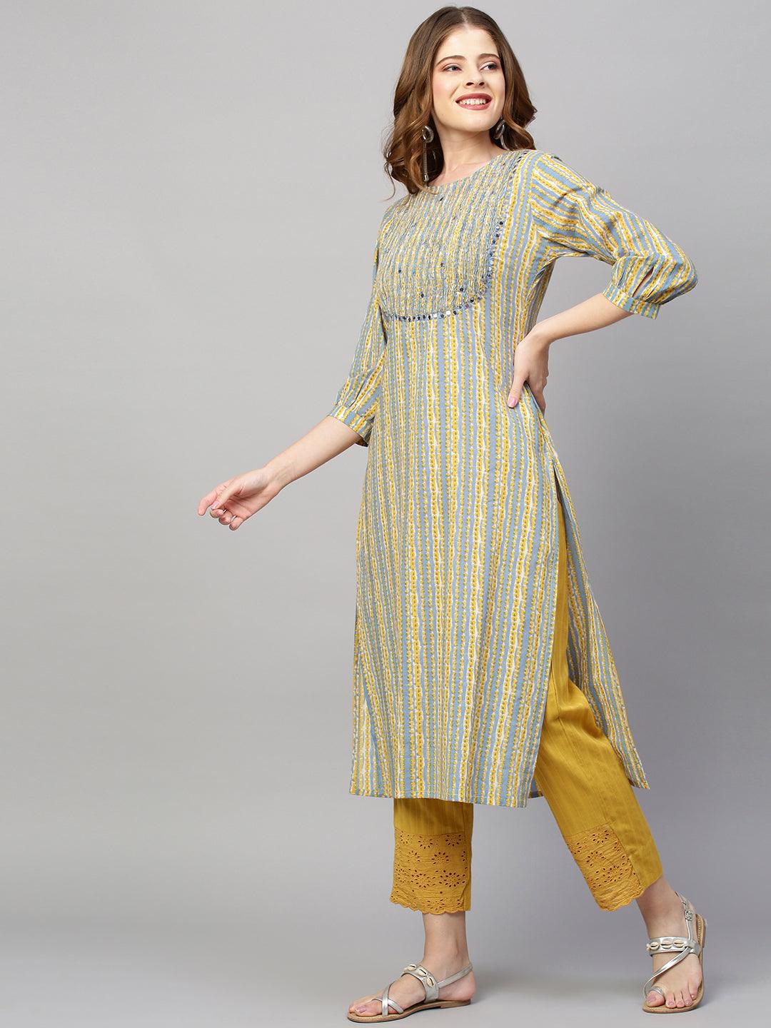 Stripes Printed Straight Kurta with Pants - Pigeon Blue - Indiakreations