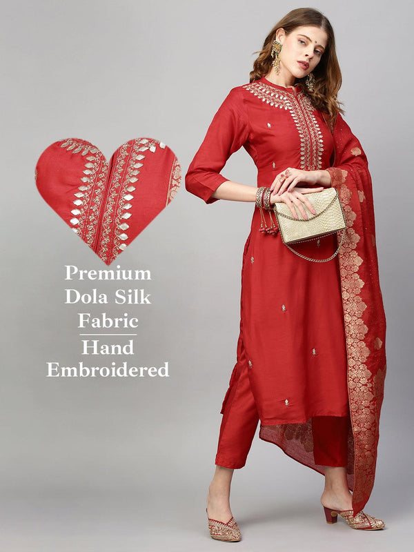 Ethnic Hand Embroidered Straight Kurta with Pants and Dupatta - Red - Indiakreations