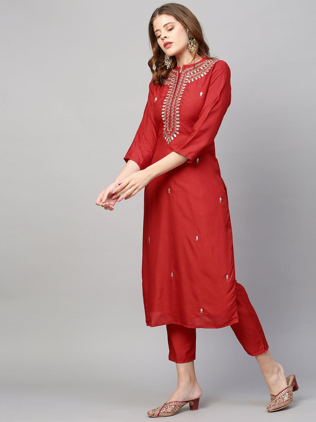 Ethnic Hand Embroidered Straight Kurta with Pants and Dupatta - Red - Indiakreations