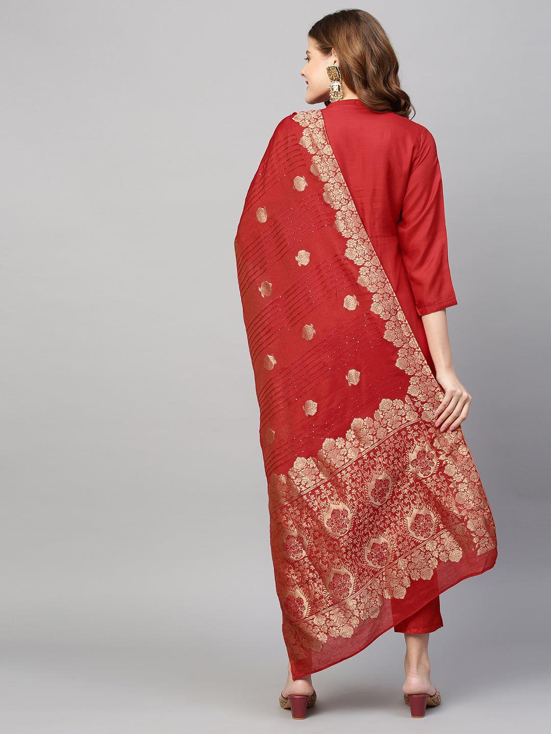 Ethnic Hand Embroidered Straight Kurta with Pants and Dupatta - Red - Indiakreations