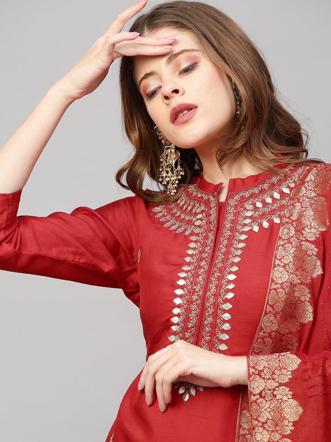 Ethnic Hand Embroidered Straight Kurta with Pants and Dupatta - Red - Indiakreations