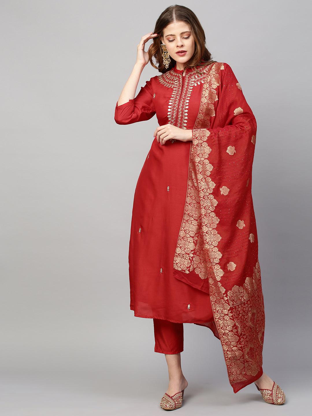 Ethnic Hand Embroidered Straight Kurta with Pants and Dupatta - Red - Indiakreations