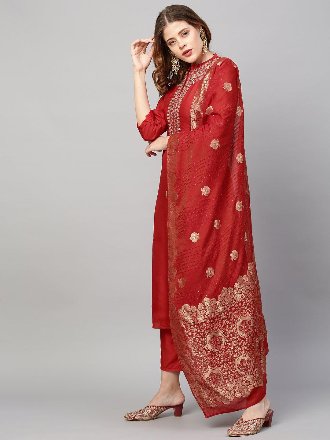 Ethnic Hand Embroidered Straight Kurta with Pants and Dupatta - Red - Indiakreations