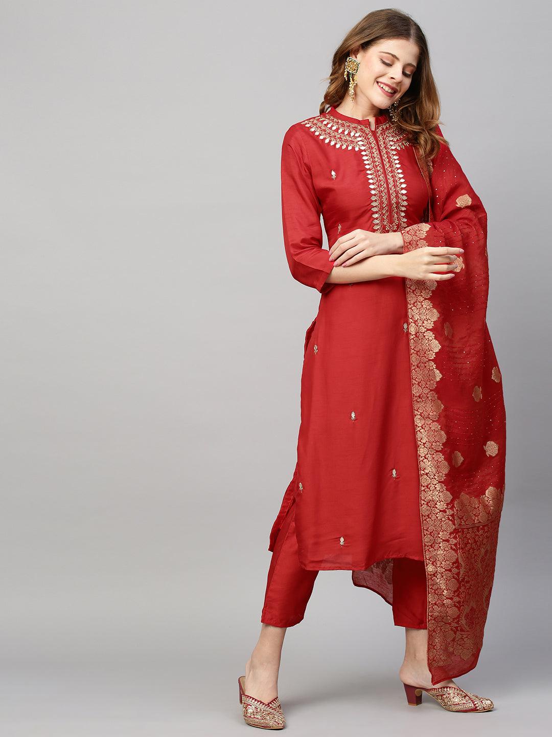 Ethnic Hand Embroidered Straight Kurta with Pants and Dupatta - Red - Indiakreations