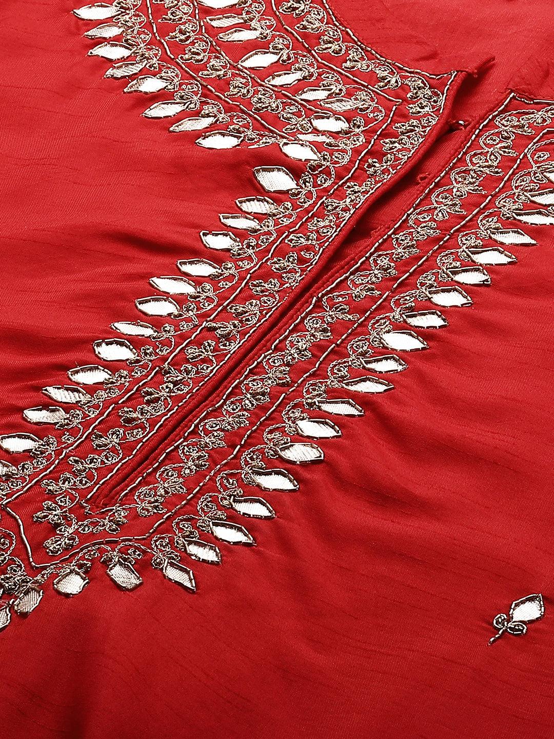 Ethnic Hand Embroidered Straight Kurta with Pants and Dupatta - Red - Indiakreations