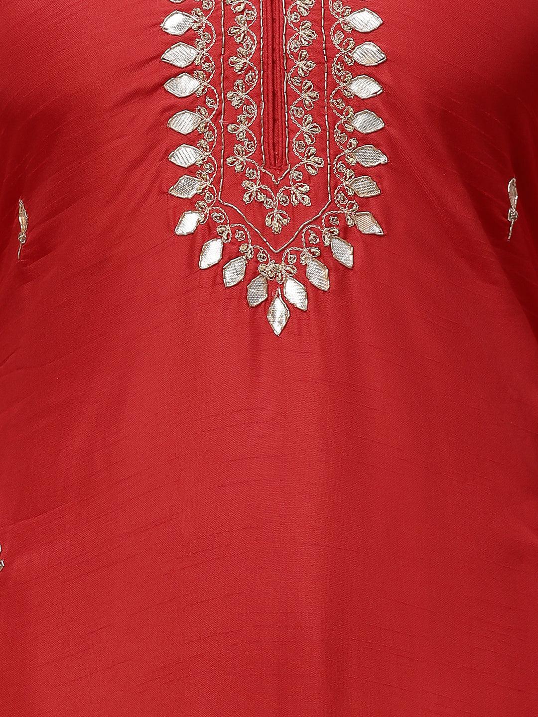 Ethnic Hand Embroidered Straight Kurta with Pants and Dupatta - Red - Indiakreations