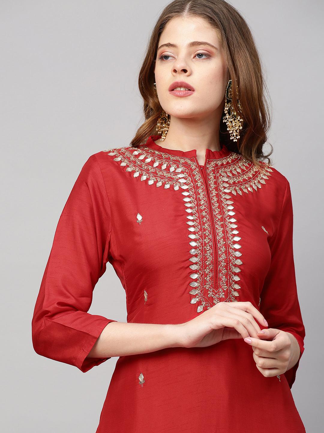 Ethnic Hand Embroidered Straight Kurta with Pants and Dupatta - Red - Indiakreations