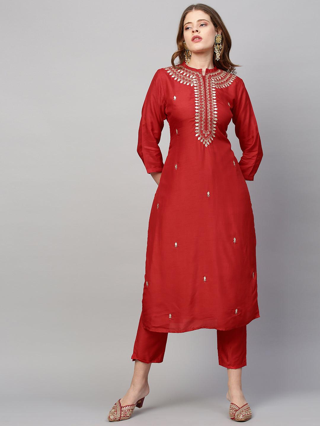 Ethnic Hand Embroidered Straight Kurta with Pants and Dupatta - Red - Indiakreations