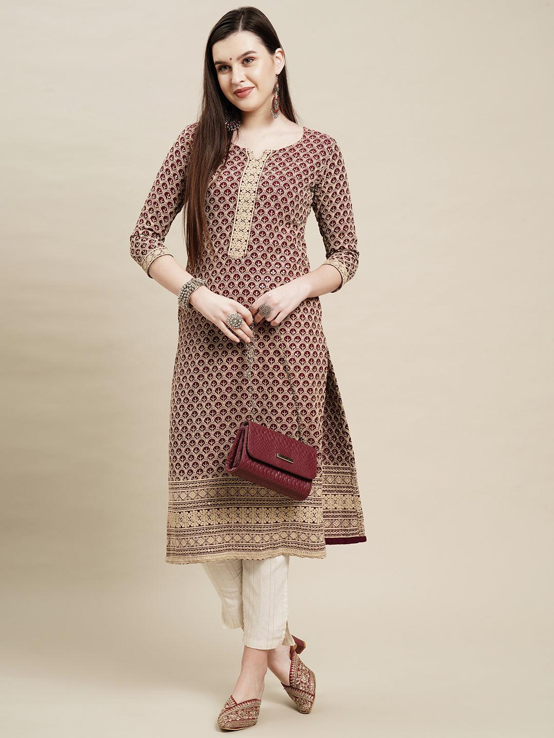 Chikankari Embroidered Straight Fit Kurta - Dark Purple - Indiakreations