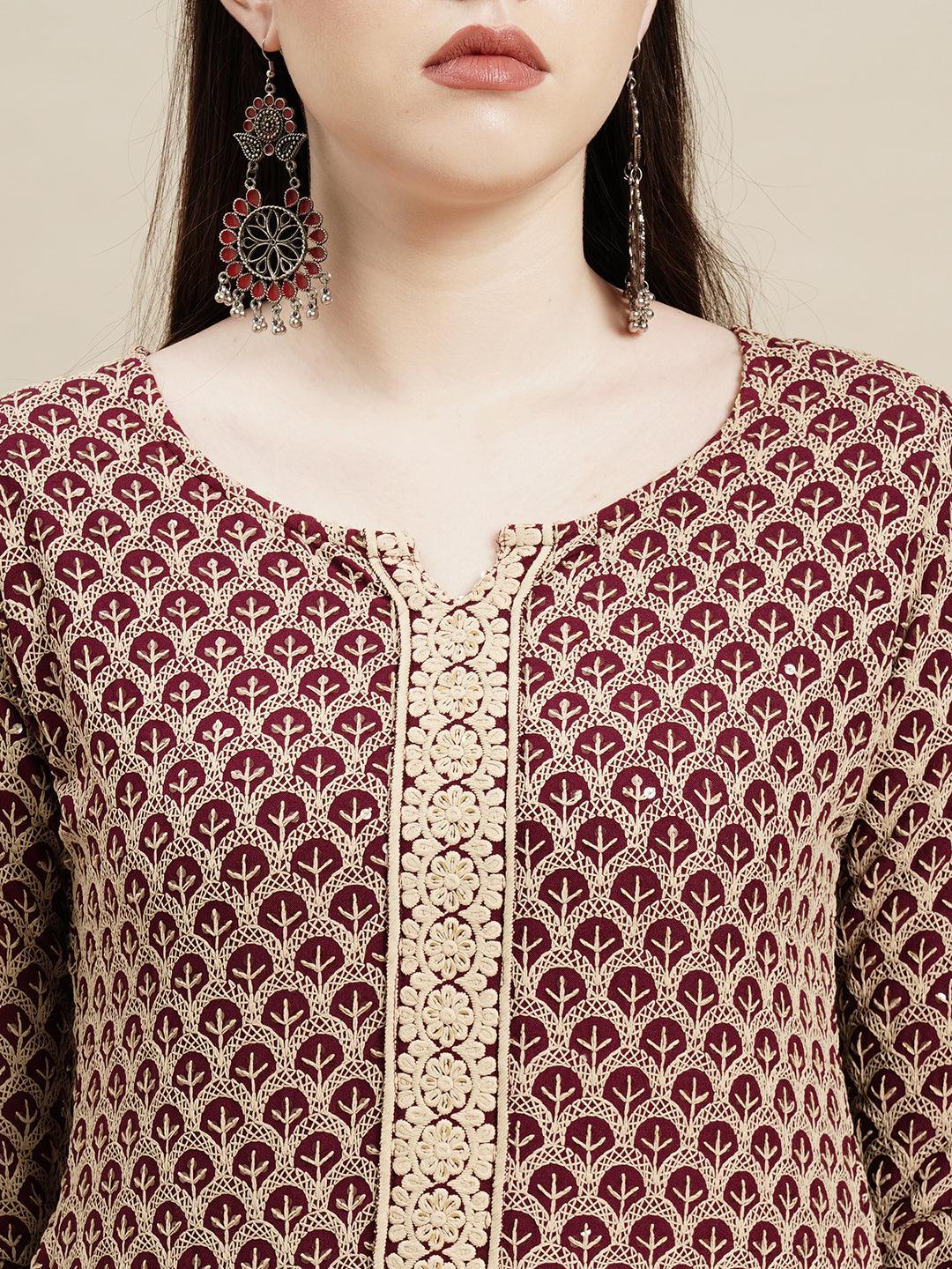 Chikankari Embroidered Straight Fit Kurta - Dark Purple - Indiakreations