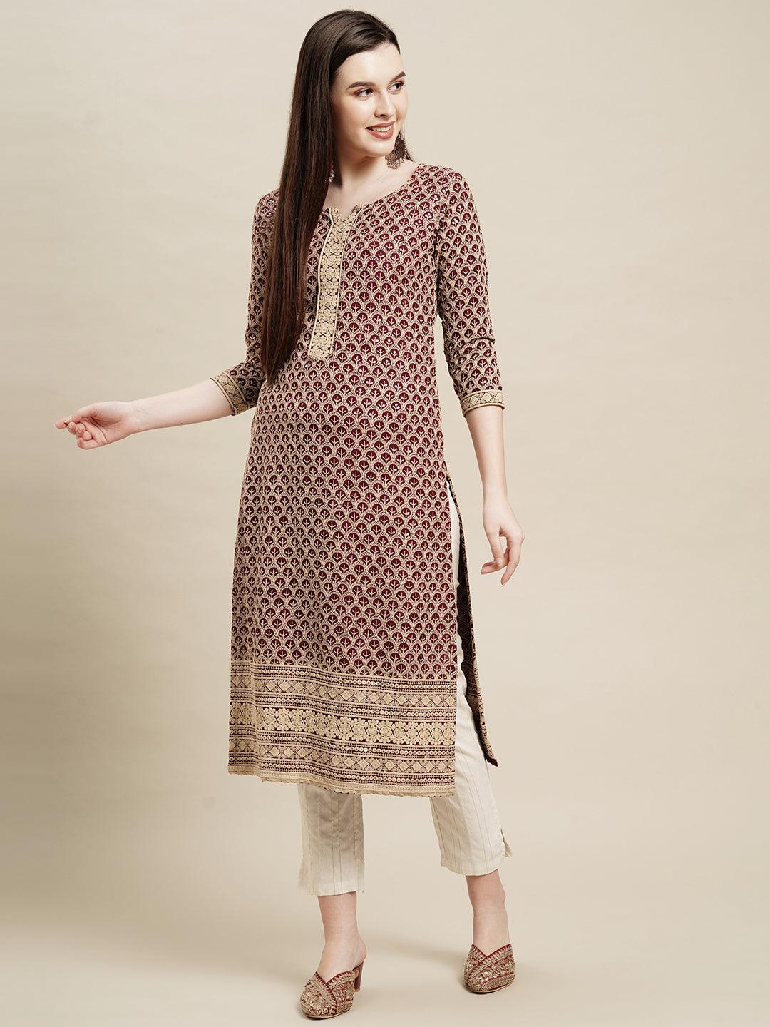 Chikankari Embroidered Straight Fit Kurta - Dark Purple - Indiakreations