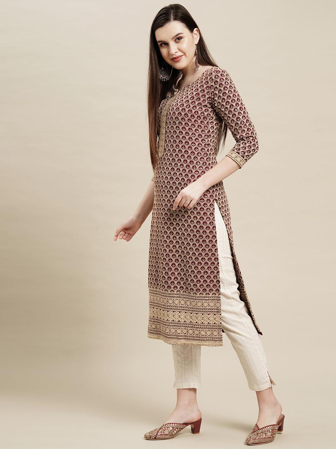 Chikankari Embroidered Straight Fit Kurta - Dark Purple - Indiakreations