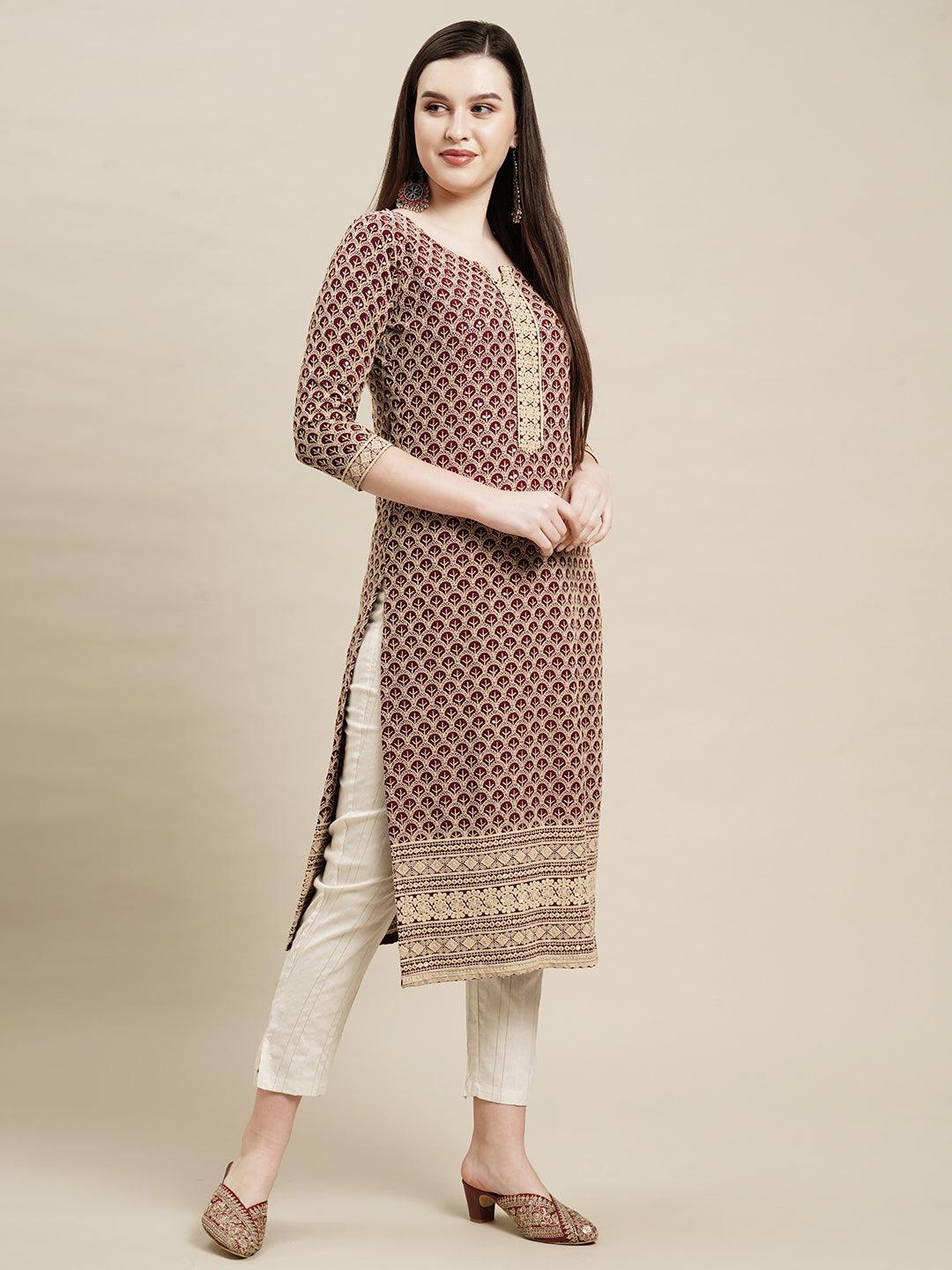 Chikankari Embroidered Straight Fit Kurta - Dark Purple - Indiakreations