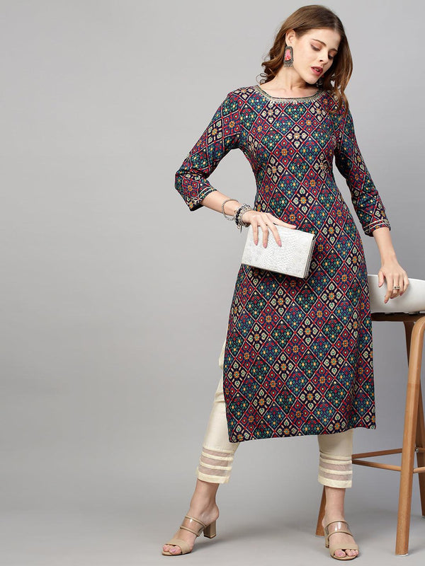 Ethnic Floral Printed & Hand Embroidered Straight Fit Kurta - Navy Blue - Indiakreations