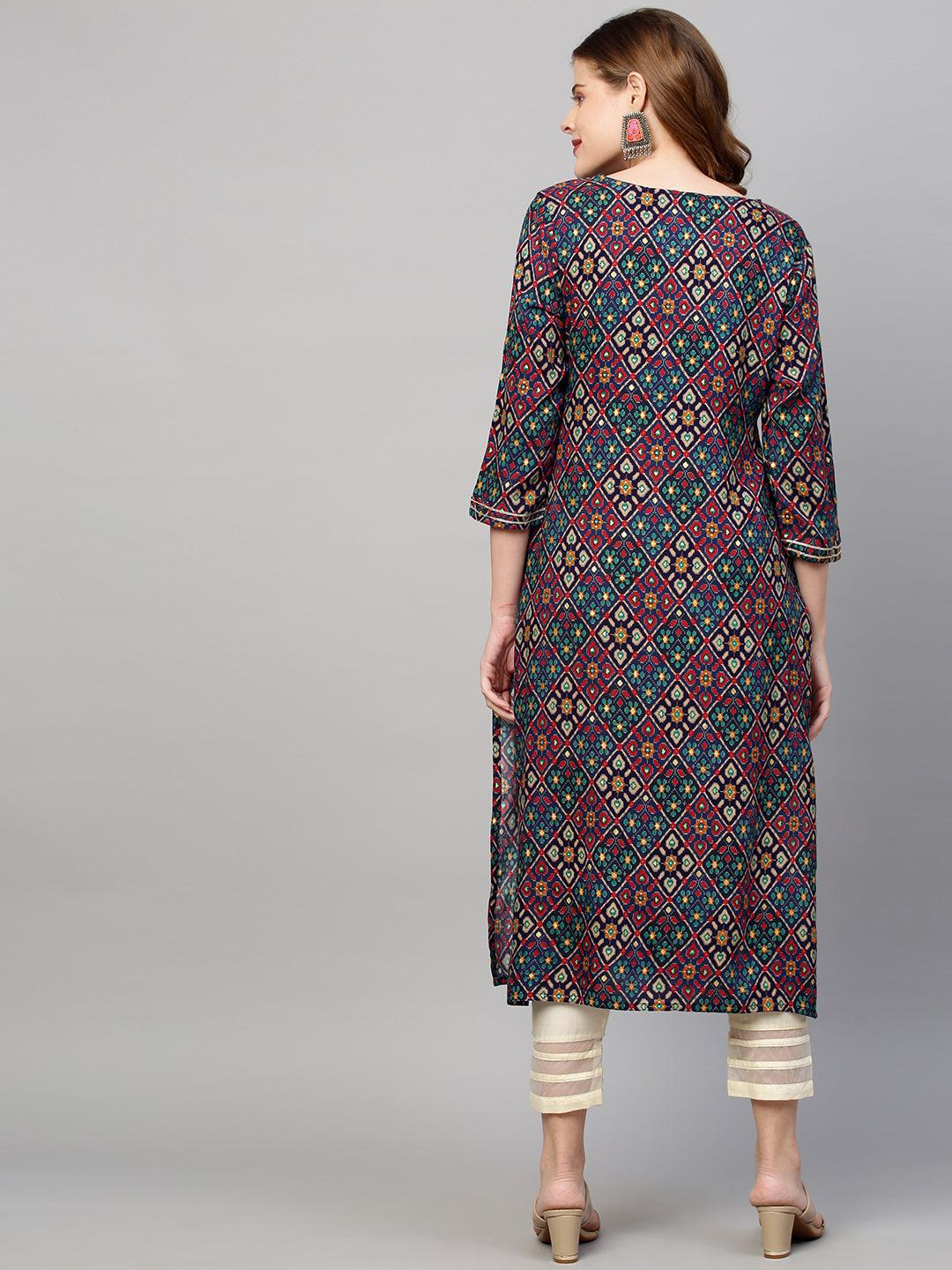 Ethnic Floral Printed & Hand Embroidered Straight Fit Kurta - Navy Blue - Indiakreations