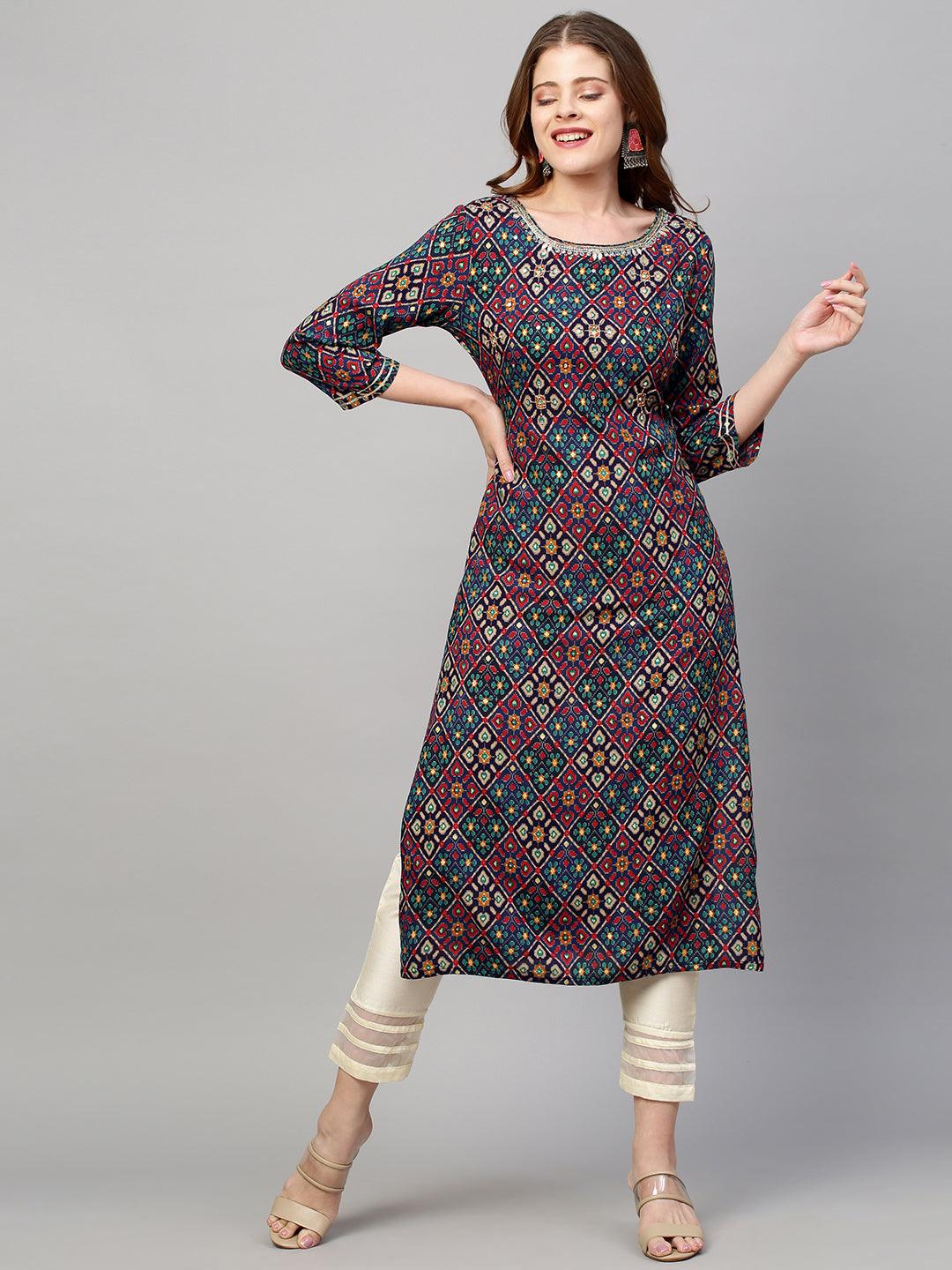 Ethnic Floral Printed & Hand Embroidered Straight Fit Kurta - Navy Blue - Indiakreations