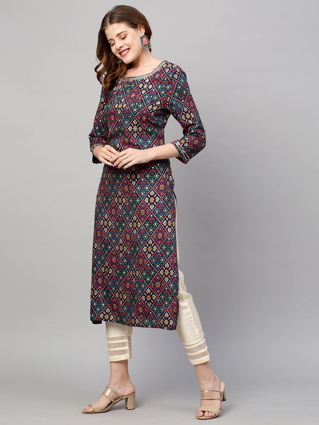 Ethnic Floral Printed & Hand Embroidered Straight Fit Kurta - Navy Blue - Indiakreations