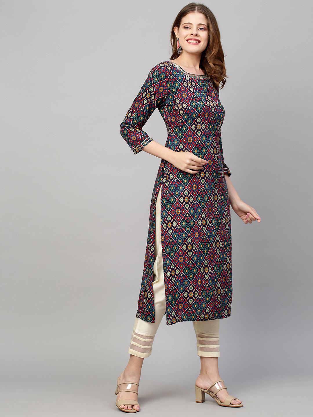 Ethnic Floral Printed & Hand Embroidered Straight Fit Kurta - Navy Blue - Indiakreations