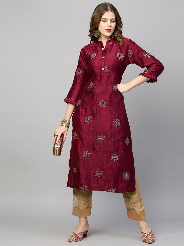 Zari Embroidered Straight Fit Kurta - Deep Maroon - Indiakreations