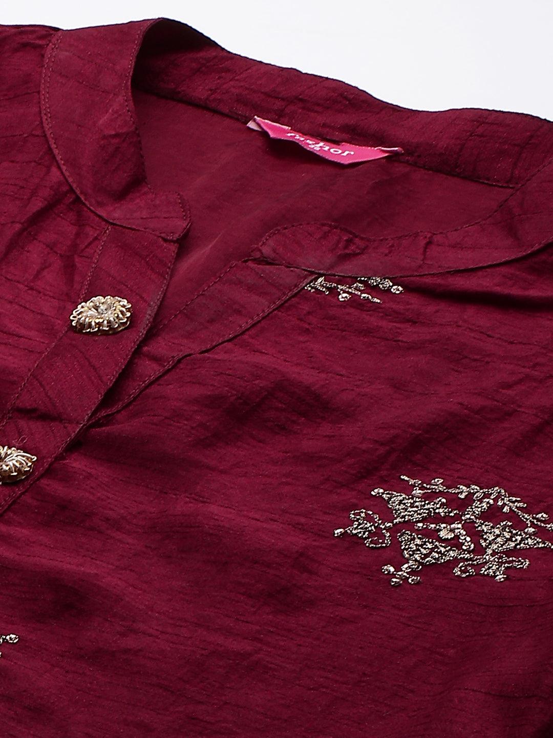 Zari Embroidered Straight Fit Kurta - Deep Maroon - Indiakreations