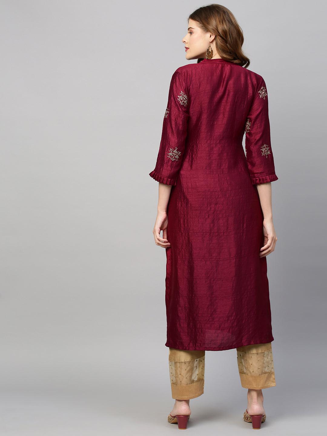 Zari Embroidered Straight Fit Kurta - Deep Maroon - Indiakreations