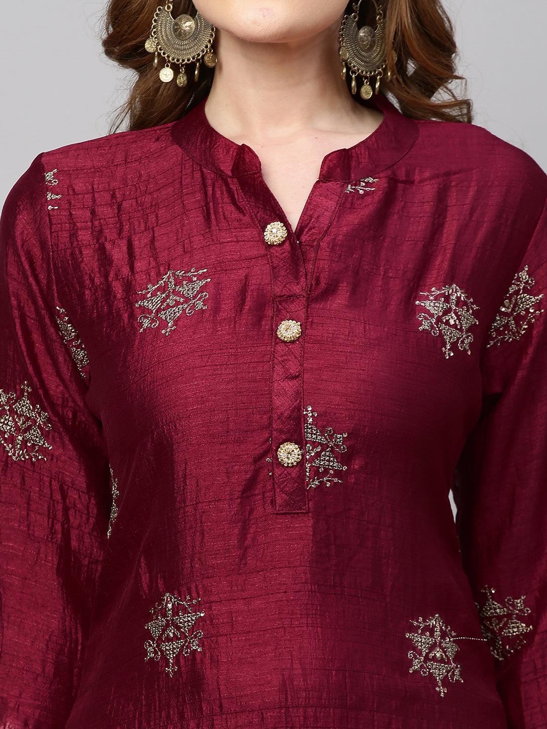 Zari Embroidered Straight Fit Kurta - Deep Maroon - Indiakreations