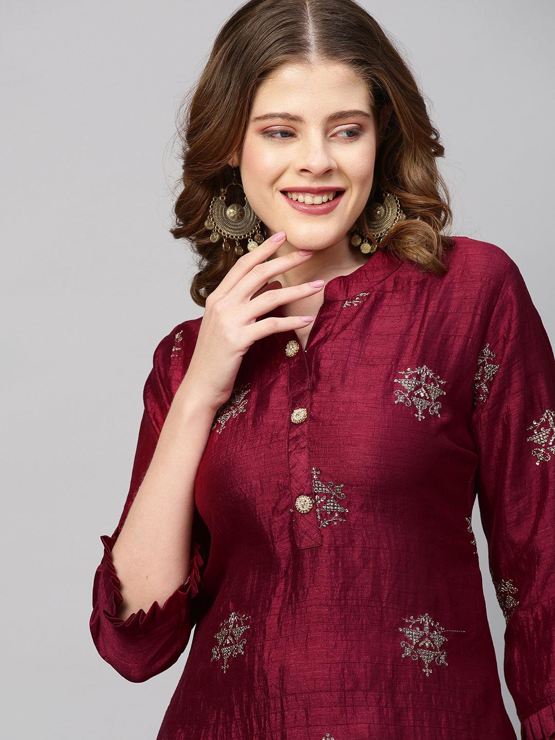 Zari Embroidered Straight Fit Kurta - Deep Maroon - Indiakreations