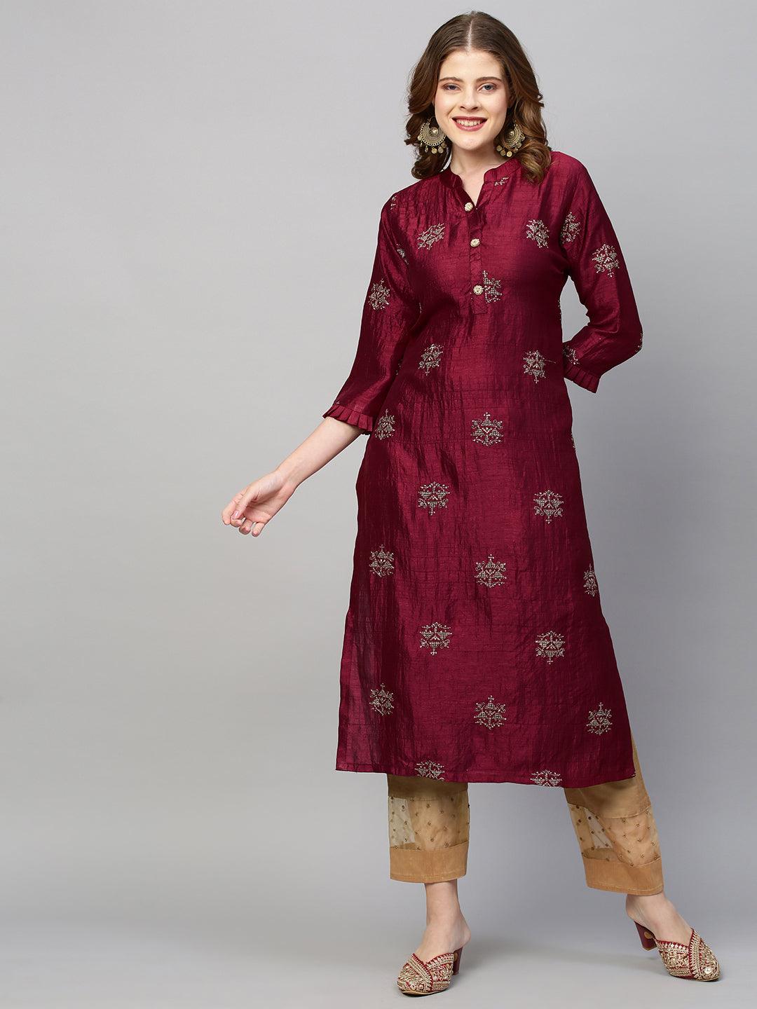 Zari Embroidered Straight Fit Kurta - Deep Maroon - Indiakreations