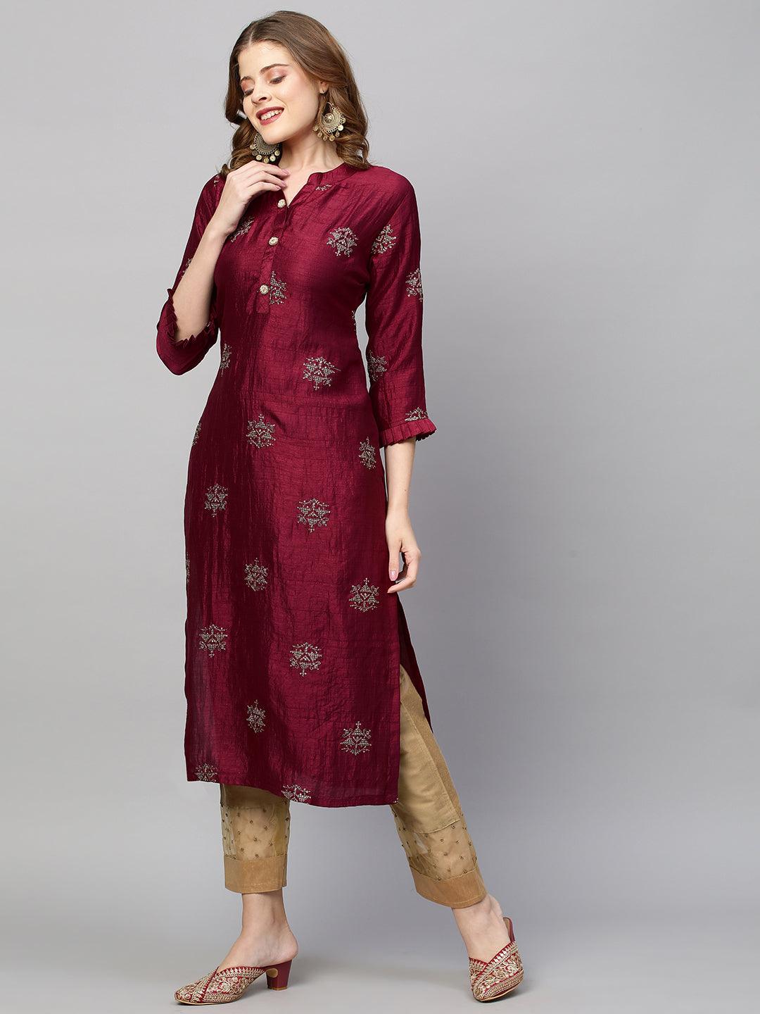 Zari Embroidered Straight Fit Kurta - Deep Maroon - Indiakreations