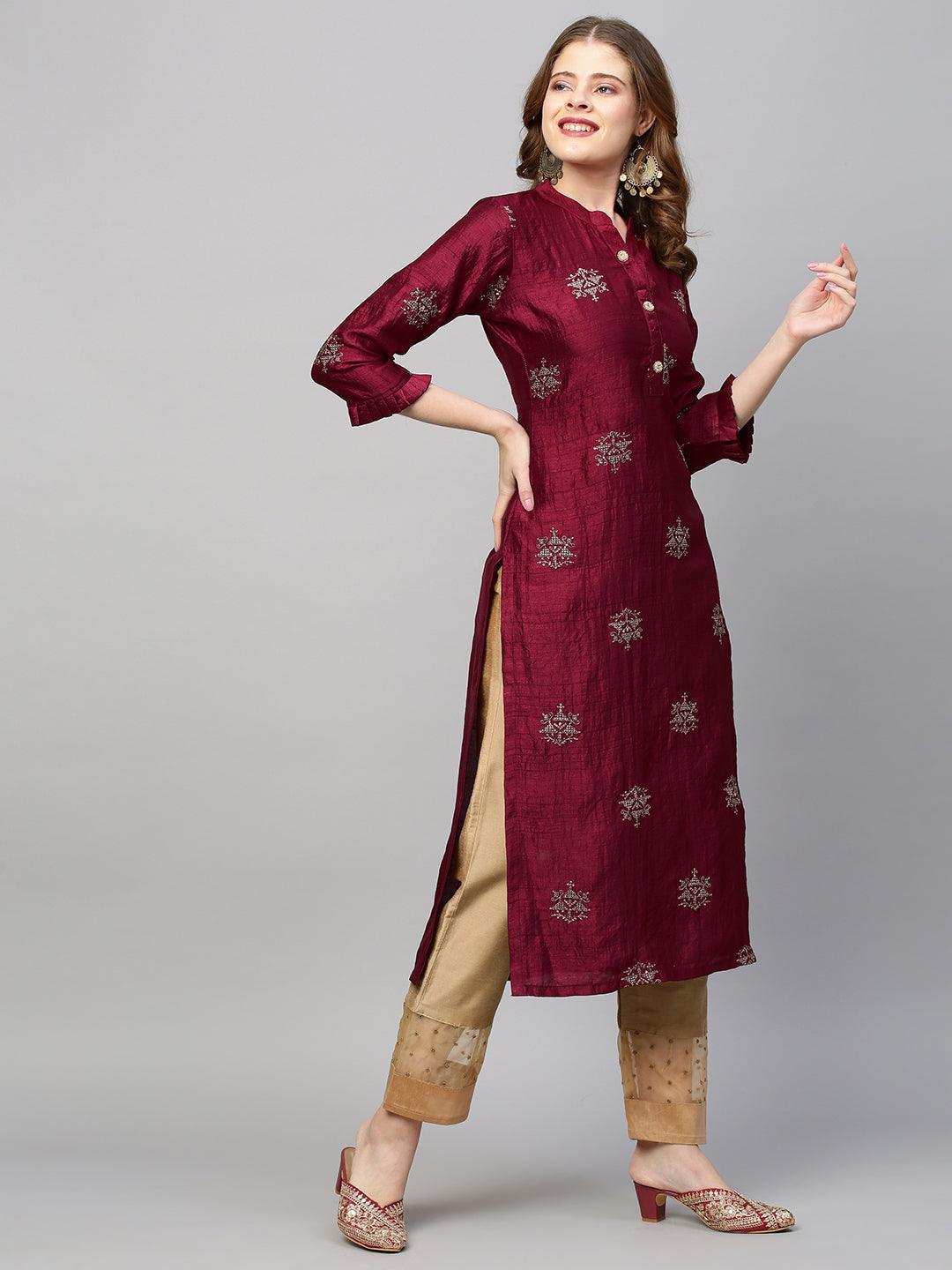 Zari Embroidered Straight Fit Kurta - Deep Maroon - Indiakreations