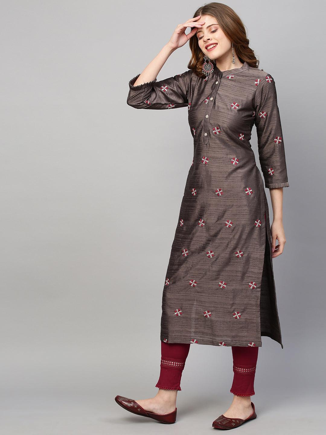 Zari Embroidered Straight Fit Kurta - Cedar Brown - Indiakreations