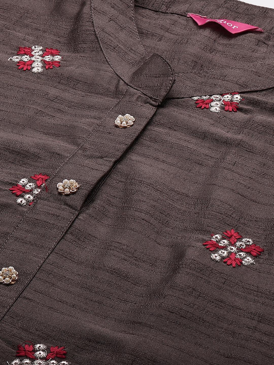 Zari Embroidered Straight Fit Kurta - Cedar Brown - Indiakreations