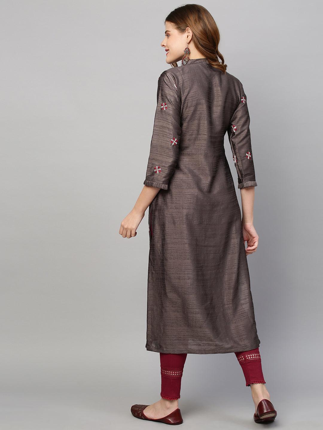 Zari Embroidered Straight Fit Kurta - Cedar Brown - Indiakreations