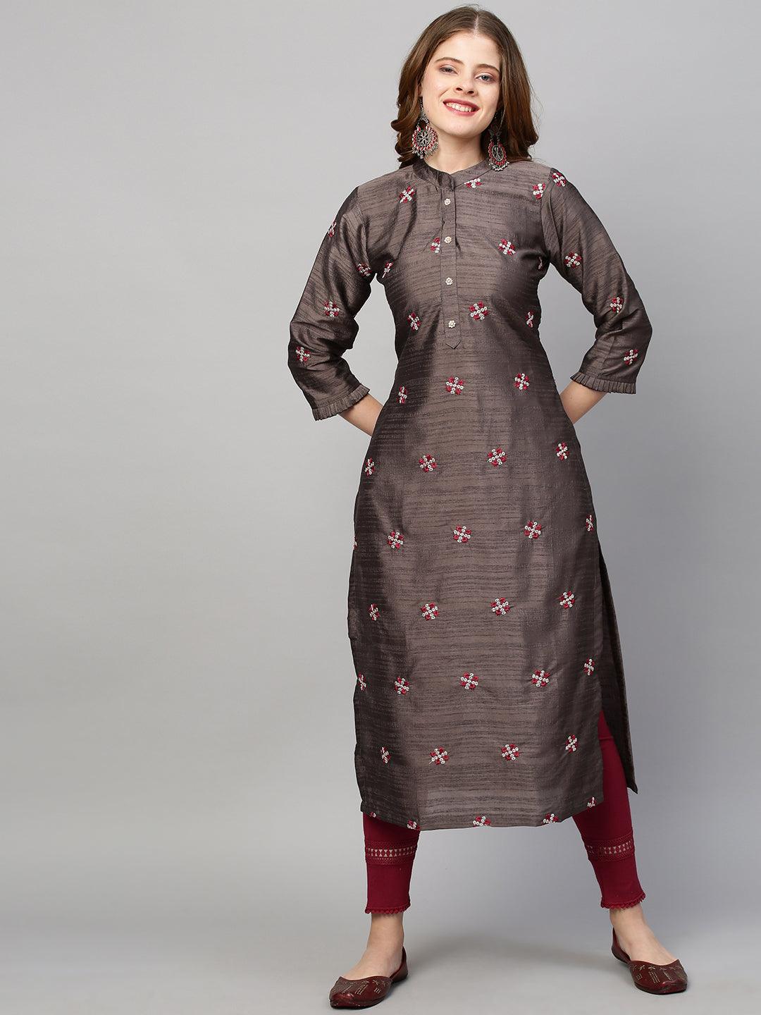 Zari Embroidered Straight Fit Kurta - Cedar Brown - Indiakreations