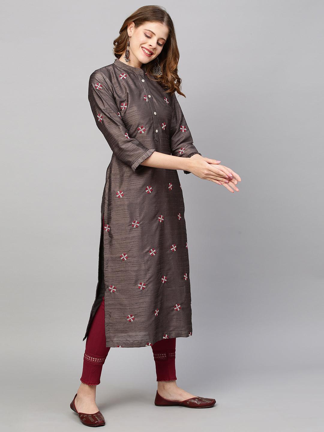 Zari Embroidered Straight Fit Kurta - Cedar Brown - Indiakreations