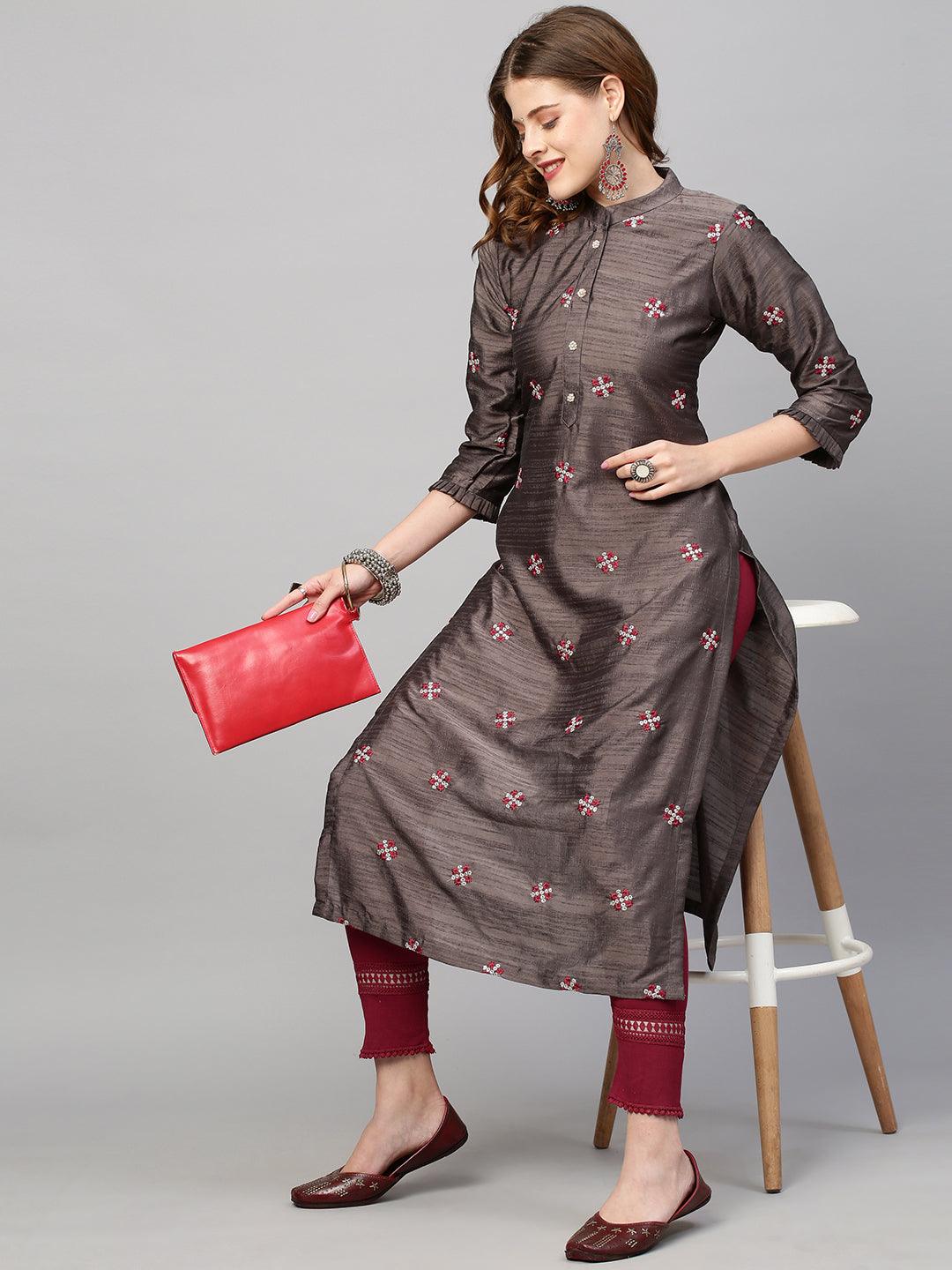 Zari Embroidered Straight Fit Kurta - Cedar Brown - Indiakreations