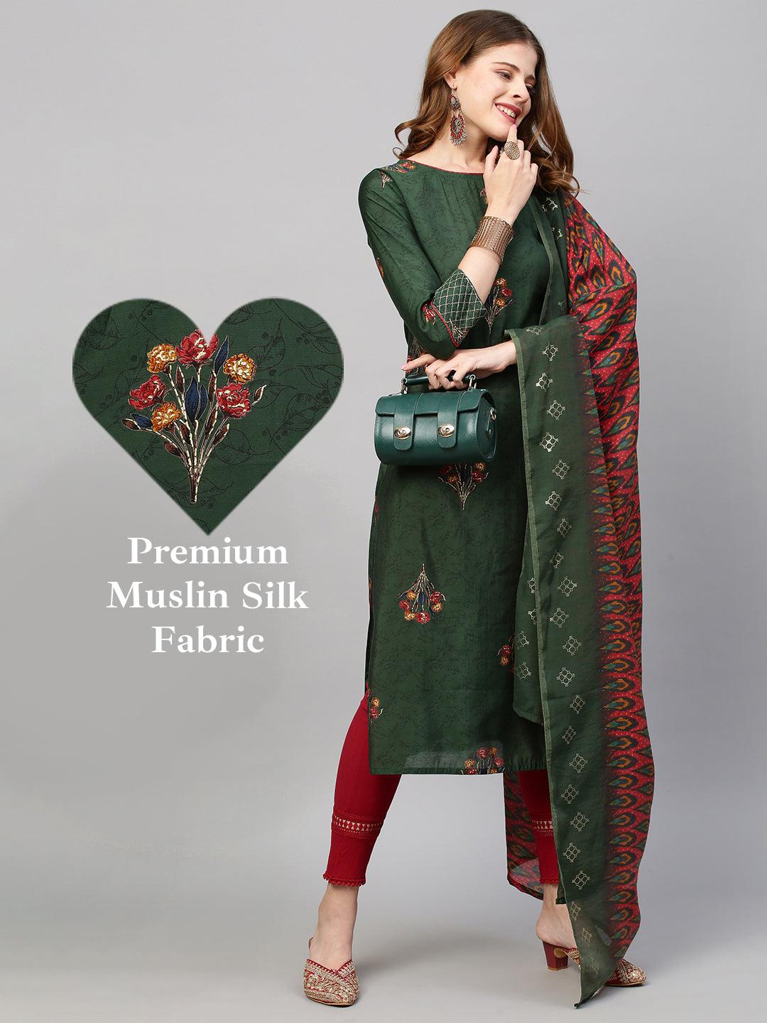 Floral Printed Straight Fit Kurta with Dupatta - Dark Green - Indiakreations